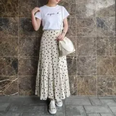 titivate スカート ドット柄 リネン混ドット柄フレアロングスカート