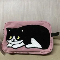 猫　ポーチ　3連ファスナー　化粧ポーチ　軽量　大容量　小物入れ　ピンク　黒猫
