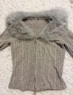 SHEIN ファー付きリブニットジップアップカーディガン