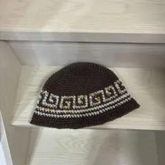 【手編み】ビーニー•クラッシャーハット•クロシェハット•バケットハット(雷紋柄）