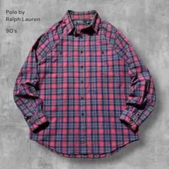 2783 古着90sポロバイラルフローレンチェック柄シャツ好配色ピンクアメカジL