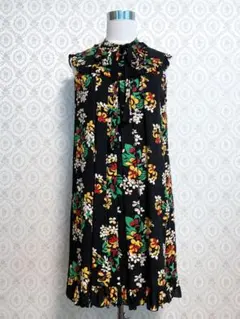 ANNA SUI アナスイ リボン裾フリル花柄ワンピース 黒×緑×黄色