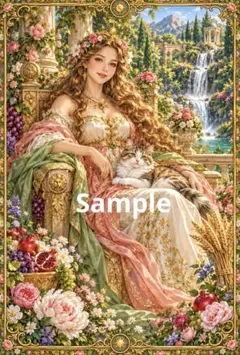 花咲く庭園の女帝と猫 デジタルアート イラスト ポストカード