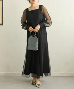 【オケージョン】スクエアネック袖チュールマーメイドワンピース