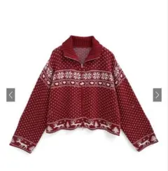 ノルディック柄 レッド ニット ジップ