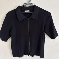 COLZA リブニット ジップアップ 半袖 ポロシャツ ブラック Mのサムネイル
