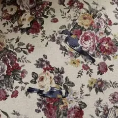 綿麻キャンバス 生成レッド 1M 青い鳥とローズ 生地