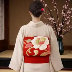 美品　昭和アンティーク正絹　九寸名古屋帯　オレンジに箔糸の大きく雄大な唐花文様