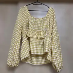 イエロー ギンガムチェック フリル ブラウス 長袖