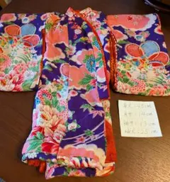 市松人形 13号(49cm)サイズの着物　比翼仕立　紺紫桃色　椿牡丹梅竹紐　く 市松人形 13号(49cm)サイズの着物 比翼仕立 紺紫桃色 椿牡丹梅竹紐 く