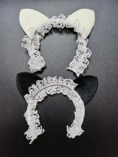 猫耳 ヘアバンド カチューシャ ヘッドドレス 白黒 2個セット ぬいぐるみ用