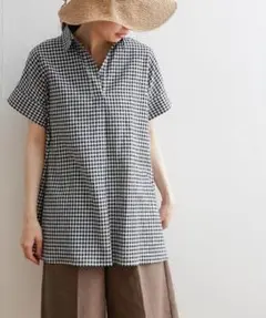 極美品✨　白×黒❤️　ギンガムチェック　麻　チェック柄スキッパーフレアシャツのサムネイル