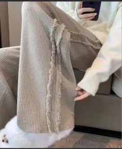 ベージュ コーデュロイ ワイドパンツ サイドフリンジ