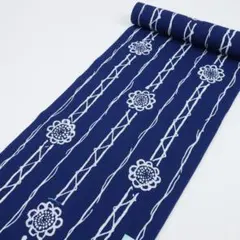 浴衣反物＊古反 高級本染 縦縞 花模様 青地×白 木綿100％♪3Z11