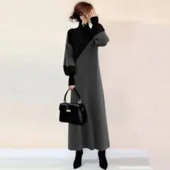 894Mブラック切り替え長袖ワンピース着痩せハイネックニットワンピースゆったり