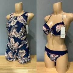 新品　teddyshop ビキニ　水着　4点セット　リーフ柄　ネイビー