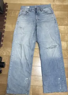 ZARA ダメージ加工 ワイドレッグデニムパンツ バギーデニム