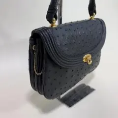 【美品】オーストリッチ ゴールド金具 ハンドバッグ 本革 レザー ブラック
