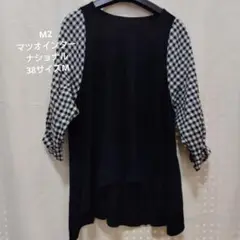 M2 エムツー 黒とチェック柄の五分袖チュニック38サイズM綿100%