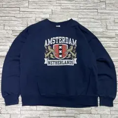 Hanes スウェット アムステルダム オランダ ネイビー ビッグプリント