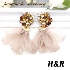 880 ブラウン ビーズ刺繍 ハンドメイド ピアス シフォン パール 一点物