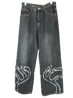 美品 ダークグレー ワイドレッグ デニムパンツ