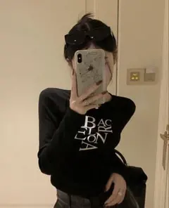 shein ロゴプリント 長袖カットソー ブラック