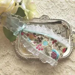 ハンドメイド*ハンドストラップ・インド刺繍プラス+フリル・ブルー系・n.12