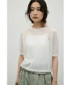 STYLEMIXER ウォッシャブルリネンミックスニットT・白・ホワイト・シアー