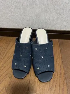 デニム風ハート装飾オープントゥ　サンダル　ヒール　レディース靴　LL