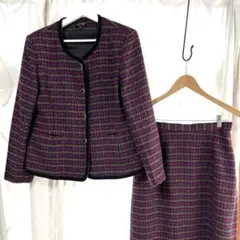 ツイードスーツ　紫　ピンク　スーツ　ノーカラー　ツイード　L 通勤 ウール混