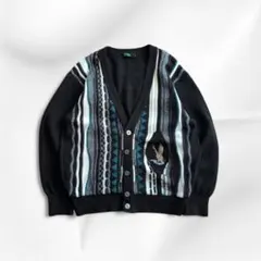 90s風 Vintage カーディガン 総柄ニット 刺繍ロゴ 古着