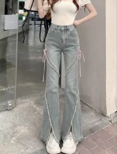 サイドレースアップ フレアデニムパンツ