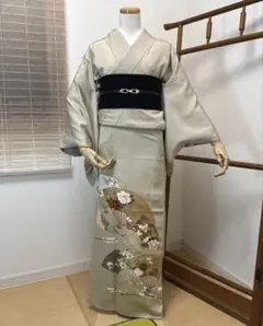 五つ紋色留袖 正絹 袷 灰緑 扇面 花扇 金彩 刺繍　友禅 結婚式 フォーマル