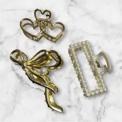【美品、新品未使用、送料無料！】ヘアクリップ ハートパール付き 3点セット
