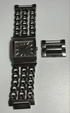 稼働品】GUESS ゲス 腕時計 スクエア 3連チェーン シルバーデカ 