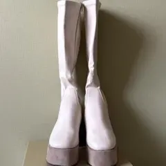 VIVIAN スクエアトゥ厚底プラットフォームストレッチロングブーツ　ホワイト