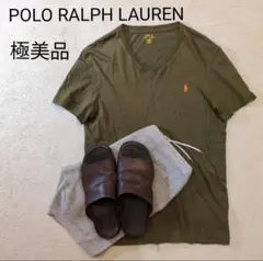 ラルフローレン 胸刺繍ロゴ Vネック Tシャツ カーキ オリーブ 美品