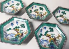 九谷焼　暁堂　八角皿揃　5枚セット　色絵　花鳥図　中皿　銘々皿　輪花皿　山水画 九谷焼 暁堂 八角皿揃 5枚セット 色絵 花鳥図 中皿 銘々皿 輪花皿