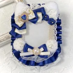 硬質ケースデコ トレカケースデコ レースデコ リボン 白 × 青 ねこみみ 猫耳