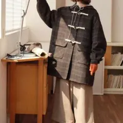 Lehtia トグルボタンチェック柄ミディアム丈コート