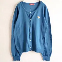 アース　カーディガン　ニット　前開き　クルーネック　猫　ターコイズブルー　M