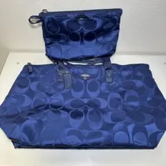 コーチ　ナイロントート　ポーチ付き　濃ネイビー　美品