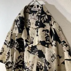 【個性派古着】半袖開襟デザインシャツ　花柄　ボタニカル柄　和柄　アイボリー4L