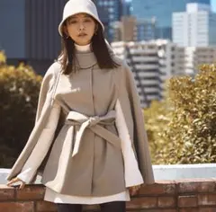 ベージュ ニットメルトン ポンチョ・ケープコート