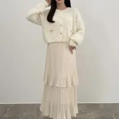 セットアップ (薄手)金ボタンシャギーニットカーディガン＋プリーツスカートset
