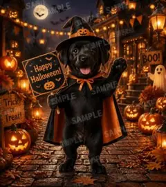ハロウィン 魔女の仮装をした黒い子犬のイラスト アート