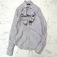 美品 ラルフローレンスポーツ ストライプ フリル 丸襟シャツ パープル 2