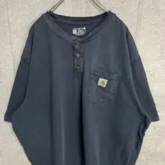 カーハート　ヘンリーネック　ビックサイズ　刺繍ロゴネイビーTシャツ2XL