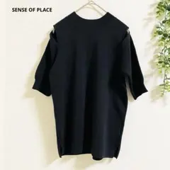 センスオブプレイス　半袖ニット セーター F 黒 肩あき　シンプル　トレンド